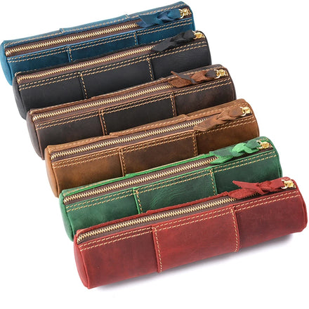Vintage Handmade Cowhide Genuine Leather Pen Case Stock Tied Rope Notebook Painting Pencil Bag 20.5x5.2cm Durable