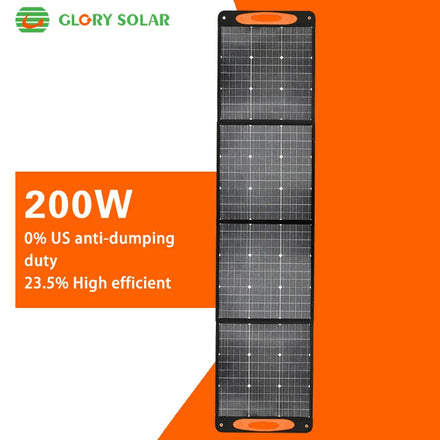 Glory Solar 200W 20V 4-Folder Ultra Light Portable Foldable Monocrystalline Solar Panel >23% Efficiency Polyester 900D Bag CE