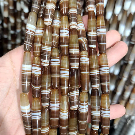 AB0870 Jewelry Mala Focal Beads Natural Coffee Brown Banded Striped Agate Barrel Oval Rice Barrel Drum Beads