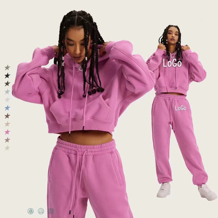 New Arrived Custom logo Heavyweight Women No String Velvet 2 Piece Hoodie Set Solid Color Crop Top Women Sweatsuit