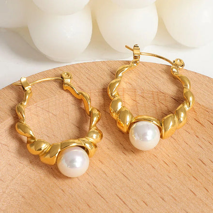 Wholesale Bohemia 18K Gold Plated Stainless Steel Pearl Dangle Stud Hoop Earrings Mother Of Pearl Stud Earrings