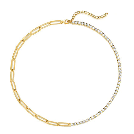 New Trendy 18k Gold Plated Stainless Steel Jewelry Half Chain Link Half Zircon Necklace Bracelet Paperclip Tennis Chain Necklace