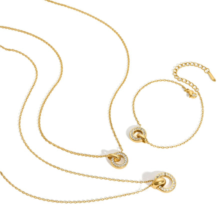 J&D Interlocking Double Circle White CZ Stainless Steel 18K Gold Plated Classic Statement Necklace Gift for Women Daily Jewelry