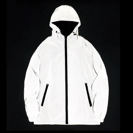Euro Size Custom logo Flash Reflective Jackets Night Glowing Men Women Windbreaker Hooded Waterproof Hip-hop Night Coats