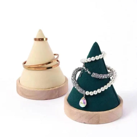 Natural Wood Cone Shape Microfiber Bangle Bracelet Chain Watch Jewelry Stand Holder