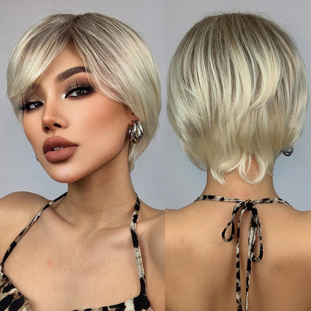 Factory Fast Delivery Short Blonde Synthetic Wigs for White Women Layered Side Part Straight Wig Natural Pixie Cut Bob Hair