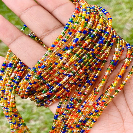 Messia Wholesale Bulk Blue Crystal Beads Hiphop Party Tie on Gold Waist 82cm Rice Bead Waist Chain Jewelry for Ladies
