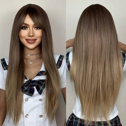 Factory Outlet MOQ1Long Chocolate Brown Straight Synthetic Wig for Women Ombre Brown Heat Resistant Wigs With Bangs Daily Hair