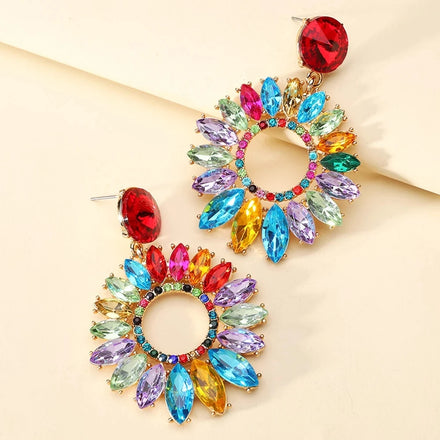 2025 New Arrivals Bohemian Fashion Round Sunflower Multicolored Crystal Big Dangle Earrings for Women Luxury Designer Earrings