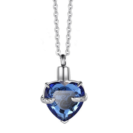 Stainless Steel Heart Shaped Crystal Big Stone Cremation Urn Ashes Jewelry Pendant Necklace Always In My Heart