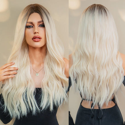 MOQ1 Synthetic Light Blonde Wigs for White Women Long Wave Wig Platinum Hair Heat Resistant Fibre