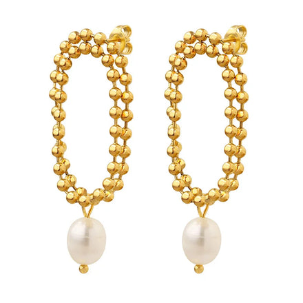 High End 18K Gold Plated Double-layer Beads String Tassel Fresh Water Pearl Pendant Hoop Earring Stainless Steel Stylish Jewelry