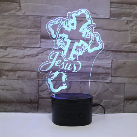 Jesus Cross Christ Rechargeable Battery Wireless Bluetooth Speaker 3D Acrylic Music Player Table Decor Illusion Led Night Light
