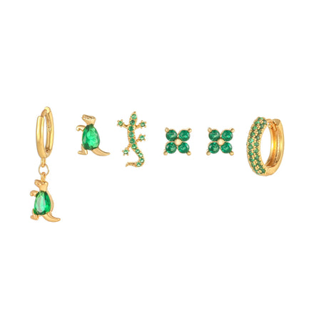 Creative Green Fashion Zircon Stud Ear Buckle Dinosaur Animal Petal Jewelry Women 18k Gold 6pcs Diamond Huggie Earring Hoop Sets
