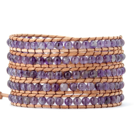 Women's Bohemian Leather Wrap Bracelets with Amethyst Energy Crystal Stone Beads Geometric Christian Jewelry