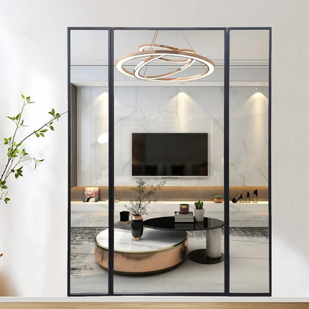 Custom Handmade Contemporary Black Wrought Iron Large Trifold Fitting Room Full Length Floor Standing 3 Way Foldable Wall Mirror