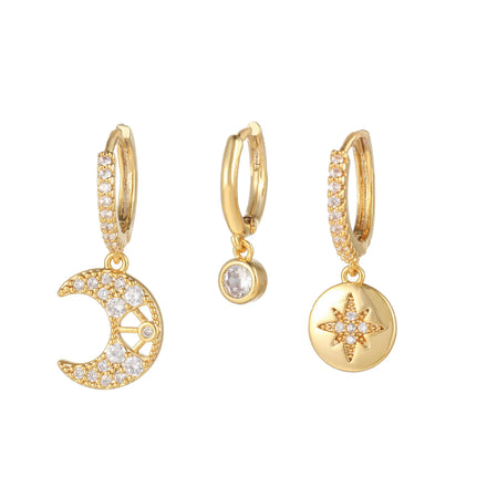 European Fine Women's Jewelry Set 18K Real Gold Sparkling Zircon 3pcs Diamonds Drop Hoop Earrings Geometric Trendy Huggie Huggie
