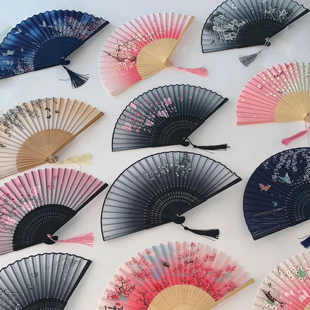 Vintage Silk Folding Hand Fan With Tassel Bamboo Chinese Fabric Pattern Art Craft Elegent Japanese Decoration Home Bride Gifts