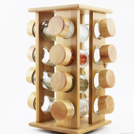 Glass Jar Kitchen Wooden Rotating Revolving Spice Herb Organizer Spice Jar Rack and Bottles Set Bamboo