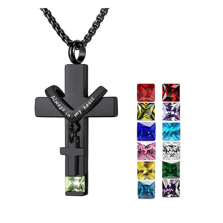forever In My Heart Birthstone Personalized Double Cross Urn Pendant Cremation Jewelry for Ashes Cross Ashes Keepsake