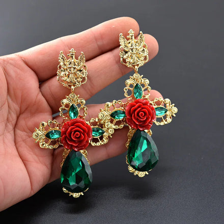 Antique Vintage Baroque Earrings with Bold Red Floral Cross Design - Exuding Elegance and Personality