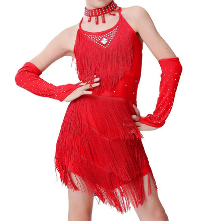 Girl's Shiny Rhinestone Sequin Fringe Design Latin Dance Festival Performance Competition Costumes Dress for Height 110cm-160cm