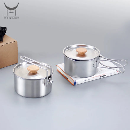 304 Stainless Steel Camping Travel Cooking Pots with Foldable Handle Hiking Cooker Portable Outdoor Pot with Lid Set