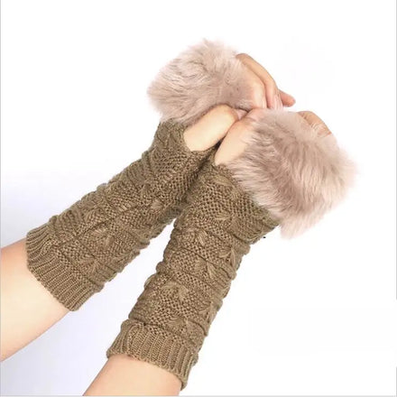Furry Arm Warmers Fingerless Gloves Soft Fluffy Knitted Khaki Thumb Holes Gloves for Ladies