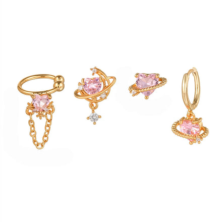 18K Gold Plated Pink Heart Zircon Stud Earrings Set Sweet Girls Trendy Jewelry Multiple Huggie Hoop Designer Diamond