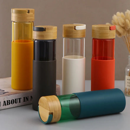 High Quality Customized Logo Borosilicate Glass 500ml Eco-Friendly Single Wall Water Bottle with Stainless Steel Tea Infuser