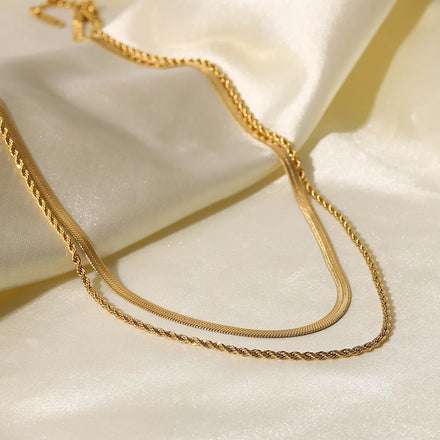 Classic Simple Necklace Jewelry 18K Gold Plated Flat Snake Chain Dough Twist Double Layer Necklace for Women