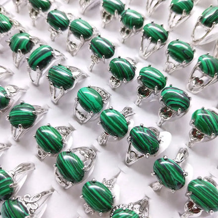 Factory Price Cheap Stone Rings Mixed Styles Green Synthetic Malachite Ring Women Silver Alloy Rings Jewelry Gift Stall Good