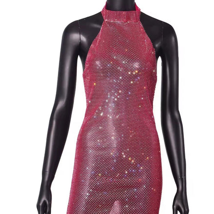 See Through Club Wear Dress Backless Heavy Mesh Material Bling Rhinestone Cover up Party Mini Dresses