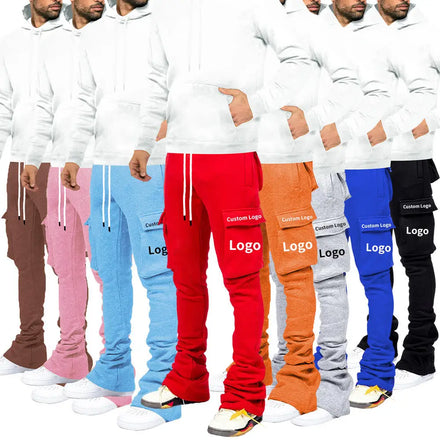 Custom Logo Men Stacked Joggers With Drawstring Pocket Solid Streetwear Men's Sweatpants Flare Cargo Stacked Pant Trousers