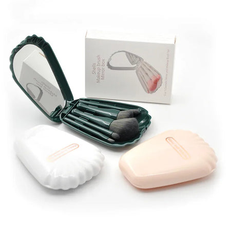 Packaging Box Custom Logo Private Label 5pcs Shell Holder Travel Portable Vegan Make up Mini Makeup Brush Set With Mirror