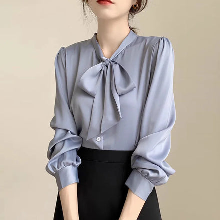 RNSHANGER Elegant Women's Blue Satin Bow Ribbon Shirts Spring Long Sleeve Office Lady Wear Commuter Tops Korean Office Shirt