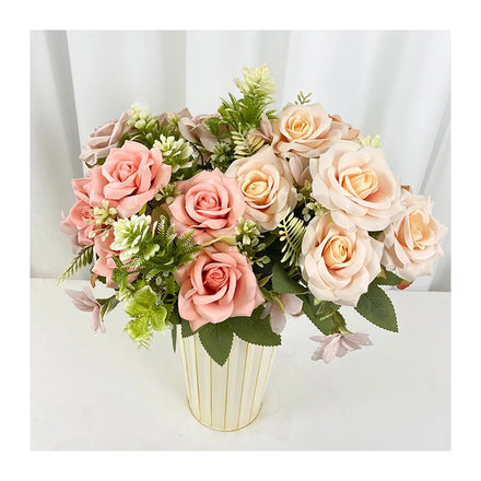 Plastic No Fade Faux Flower Garden Artificial 7-head Curled Rose Bouquet for Wedding Decoration