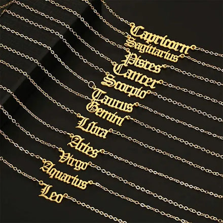 Custom Old English Zodiac Necklaces 18K Gold Plated Stainless Steel 12 Astrology Constellations Letter Necklaces for Women Girls