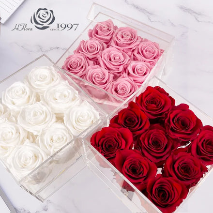 HFlora Valentine's Day & Mother's Day Preserved Rose Acrylic Box-Eternal Rose Long Lasting 3-5 Years Environment-Friendly