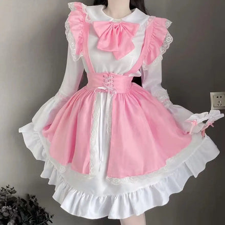 Yingyi Kawaii Lolita Maid Dress Pink Goth Gothic Birthday Party Dress Puff Sleeve Japanese Harajuku Ruffle Lace-up Soft Girls