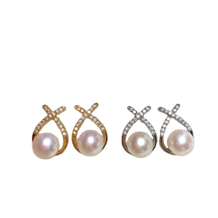 European and American New Exquisite Freshwater Pearl Zircon Women's Stud Zircon Cross Circle Pearl Earrings