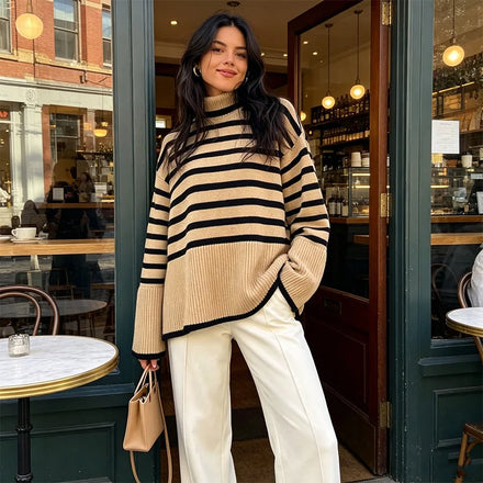 Hot Selling Winter Knitted Striped Sweater Women's Turtleneck Pullover Long Sleeve Sweater Top Ladies Oversized Sweaters