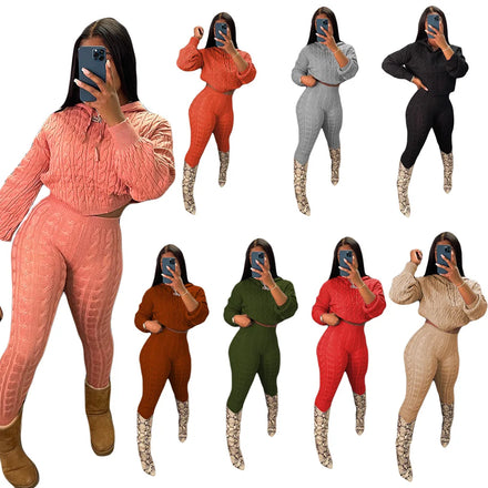 Factory Direct Sale Winter Women's Long Sleeve Pilling Resistant Solid Color Outfits Thick Hooded Knitted 2 Piece Sweater Suit
