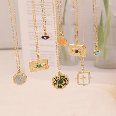 Bohemia Irregular Geometric Inlay Zircon Choker Necklace Evil Eyes Heart Cross Sun Pendant Stainless Steel Chain Necklace