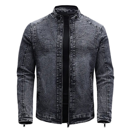 2022 Zipper Denim Jeans Jacket Quality Man Denim Jacket Dark Blue Stand Collar Biker Jacket Motorcycle