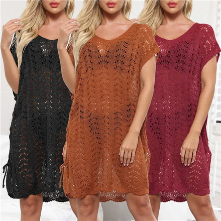 2022 New Lace Mesh Crochet Hollow Out Summer Beach Cover up Dress See Through Bikini Cover up Pareo and Sarong with 5 Colors