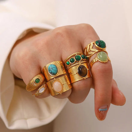Hot Selling Ins Style Open Size Natural Stones Rings for Lady Waterproof 18K Gold Plated Stainless Steel Rings Fashion Jewelry