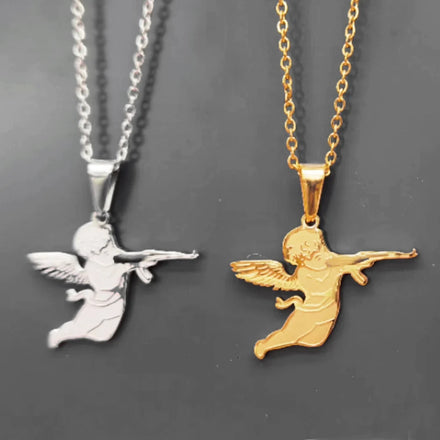 Engraving Angel Necklace Cherub Necklace for Women Girls Angel Wings Pendant PVD 18k Gold Cupid Guardian Aesthetic Necklace