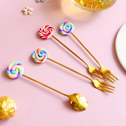 Cartoon Style Golden Mirror Polish Stainless Steel Spoon Fork Set 10ml Capacity for Restaurant Party Use Eco-Friendly Gift