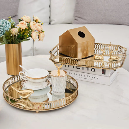 Wholesale Glass Mirror Gold Luxury Tray with Metal Frame Round Rectangular Wedding Holiday Jewelry Storage Display Tray
